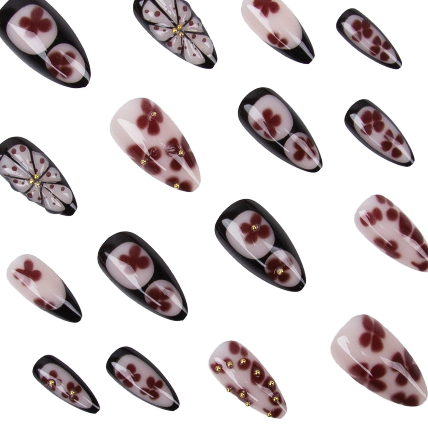 Almond Press on Nails Long Fake Nails Black Artificial Nail Red Floral Stick on Nail for Women 24pcs