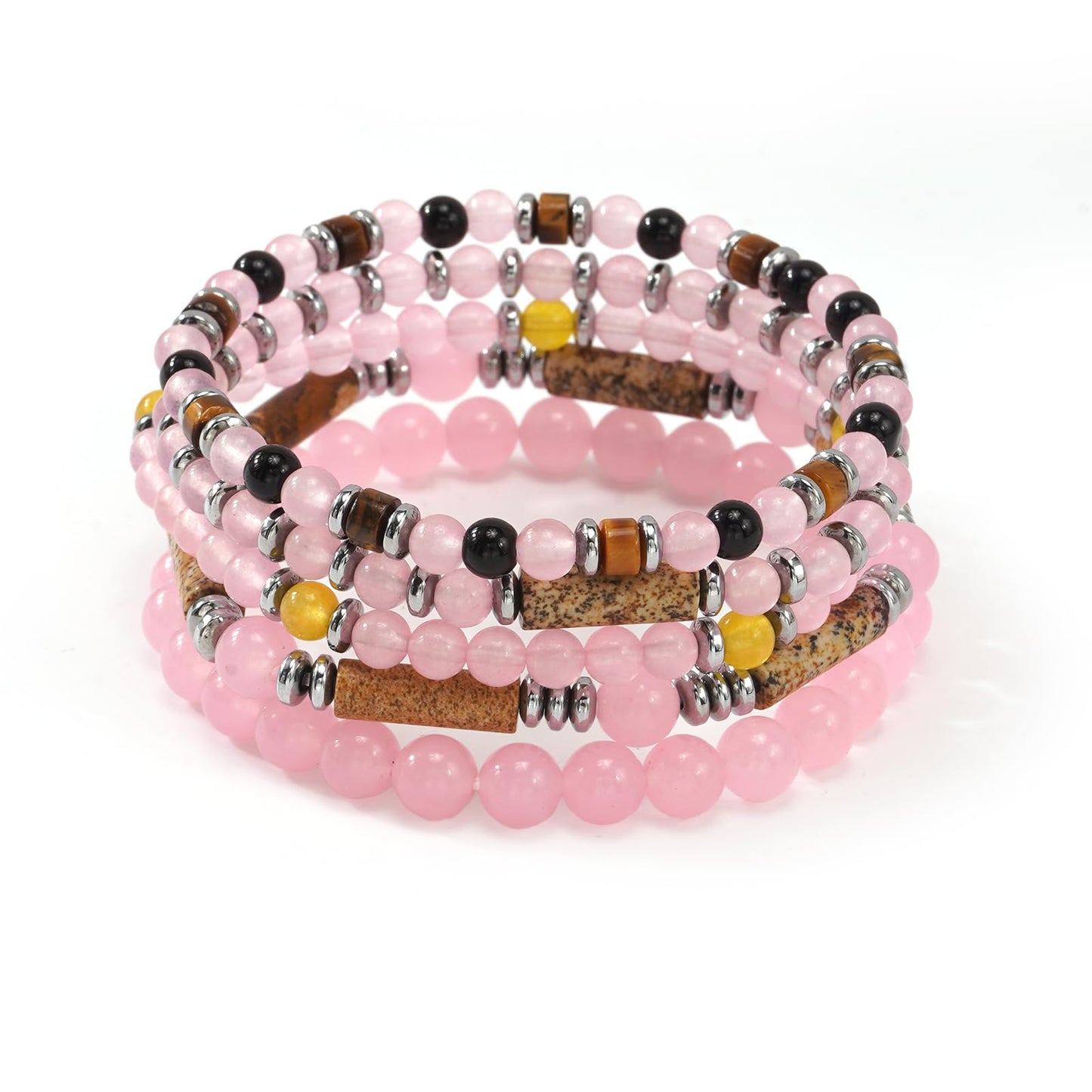 SHINUS BOHO Rose Quartz Beaded Stack Bracelet for Women,Natural Pink Crystal Beads Boho Multi-Layer Stretch Bracelet, Stackable Tiger Eye Picture Jasper Jewelry Gift for Her Love Harmony