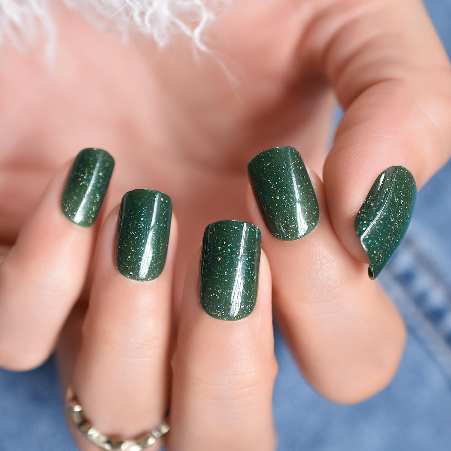Shiny Glitter Dark Bottle Green Press on Nails - iBeautying False Nails - Glossy Finish Finger Daily Wear Nail - Medium-short Square Acrylic Reusable Fake Nails 24pcs