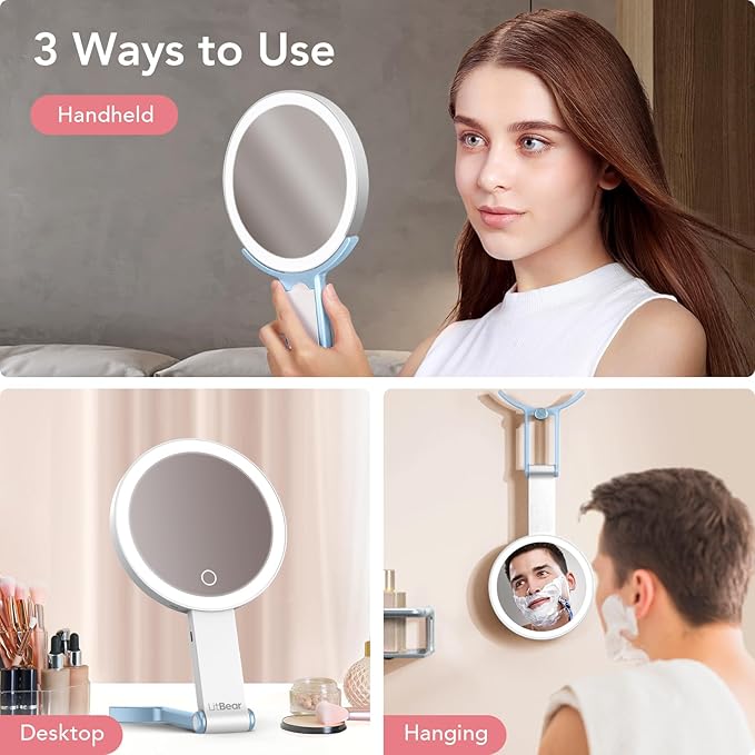 LitBear Travel Makeup Mirror with Lights, Rechargeable Double-Sided 10X/1X Magnifying Mirror, Portable Lighted Beauty Mirror, 3 Color Lighting, Dimmable Touch Screen, Tabletop Handhold Hanging (Blue)
