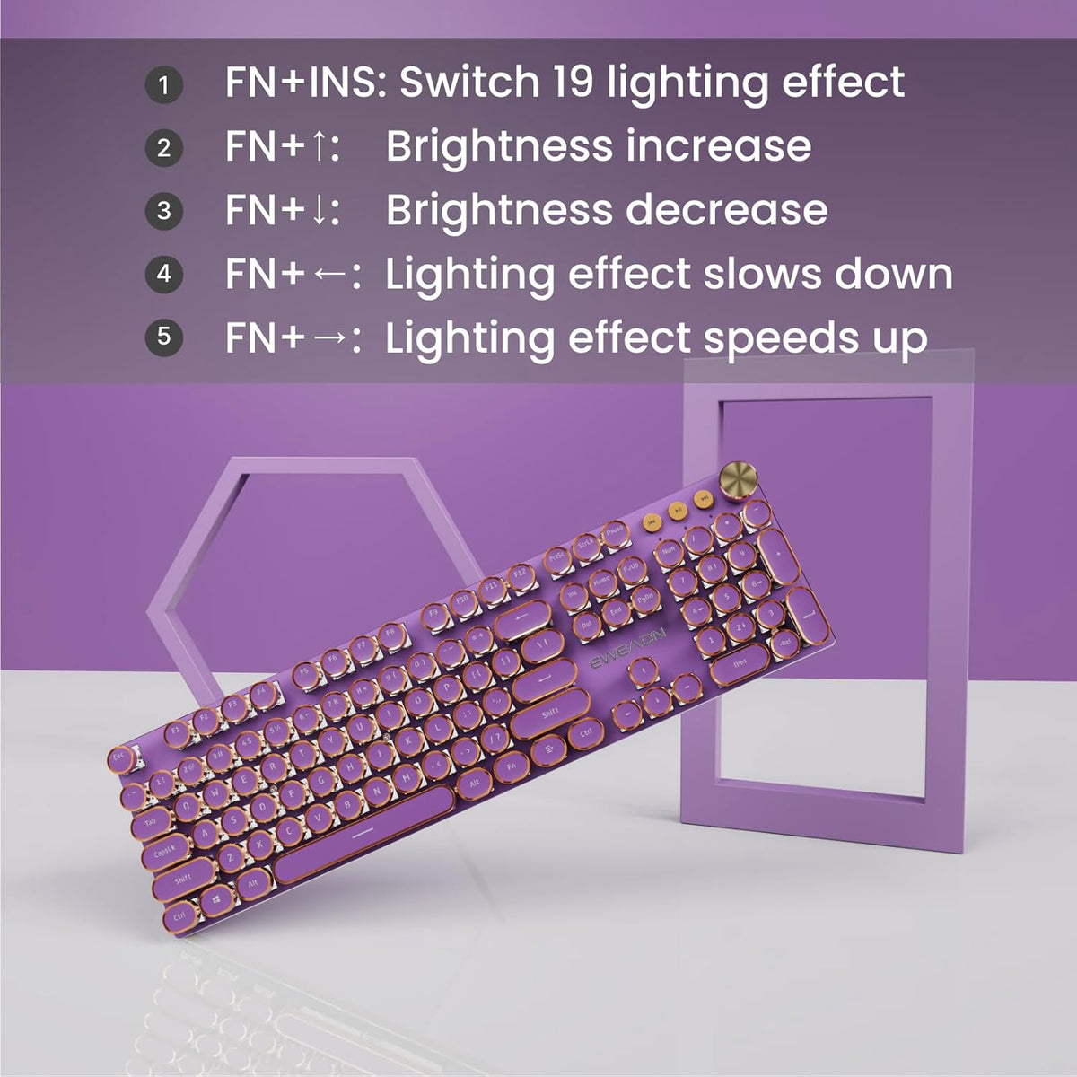 EWEADN V20 Typewriter Keyboard Wireless, 104 Keys Typewriter Style Mechanical with White Backlit, Media Knob, Pink Switch 2.4G/Bluetooth/USB-C Wired Retro Full Size Keyboard for Windows/Mac/PC-Purple