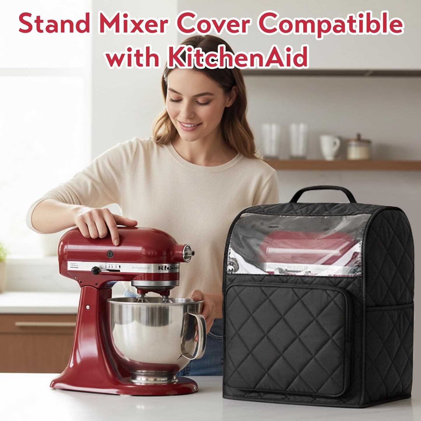Stand Mixer Cover Compatible with KitchenAid 6/7/8 Quart Bowl Lift Mixers, Washable Appliance Dust Cover with Multi Pockets for Kitchen Aid Accessories and Attachments, Black