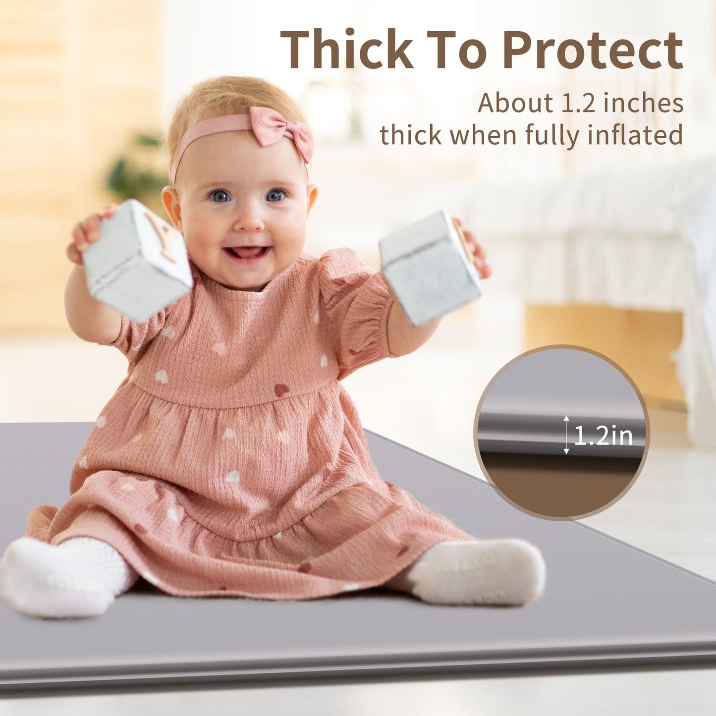 HiMummy 47”x47“ Inflating Play Mat for Playpen, 1.2 Inch Thick, Waterproof Fabric with Foam Interlayer, Provide Enough Cushion for Babies and Infants, Roll-up Design with Travel Bag (47x47)