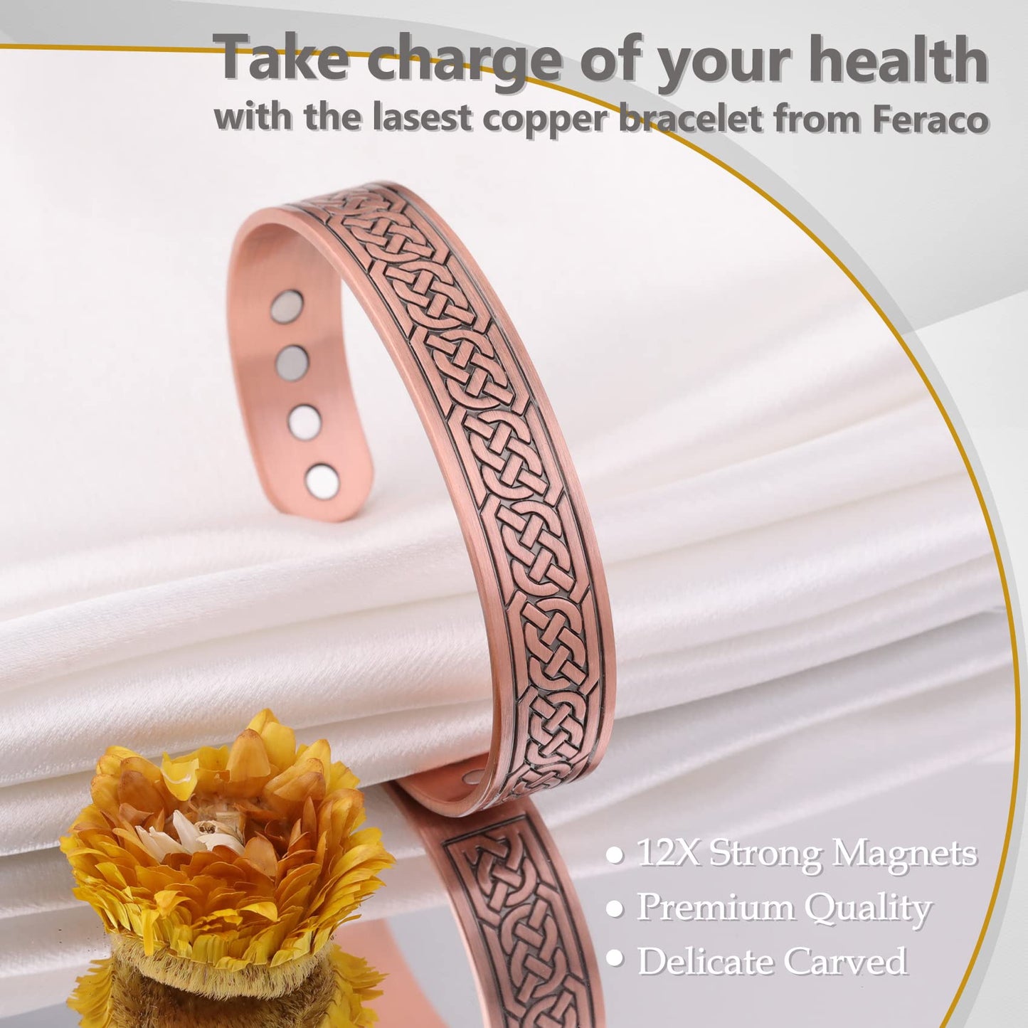 Feraco 12X Strength Wide Copper Bracelet for Men Magnetic Bracelets for Men with Neodymium Magnets, Pure Copper Jewelry Cuff Bangle, Adjustable with Giftable Box (Chain)