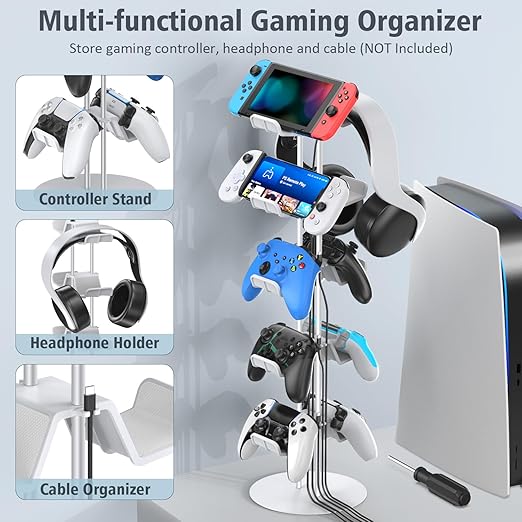 Kytok Gamer Gifts, Headset Stand 5 Tiers with Cable Organizer, Controller Stand Compatible with PS5/Xbox/Nintendo Switch/PS Portal/PS4, Headset Holder & Controller Holder for 10 Packs Controller