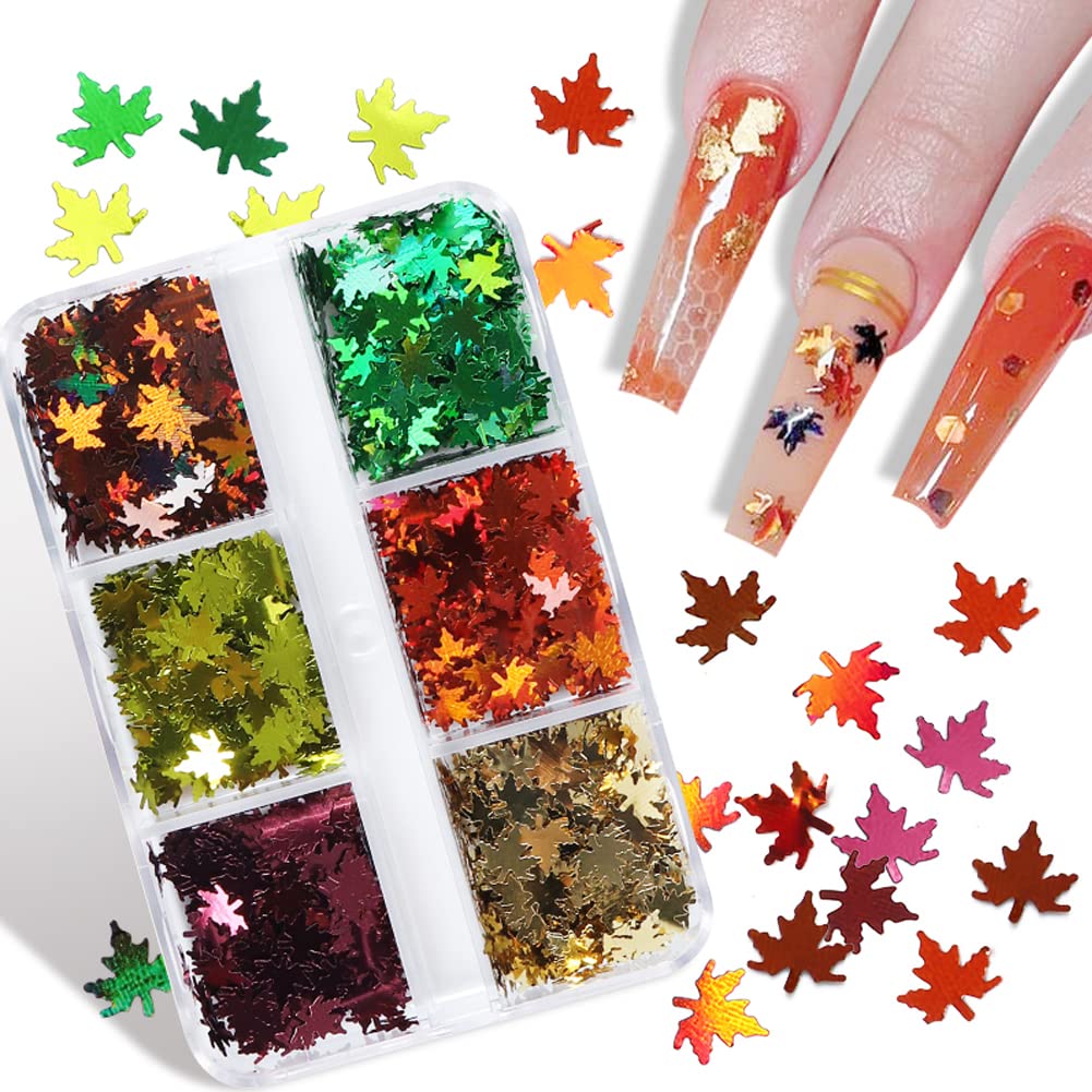 Fall Glitter Nail Sequins Maple Leaf Nail Glitters Flakes Holographic Maple Leaves Nail Glitter Retro Autumn Winter Nail Designs Stickers Decals Nail Decorations Fall Nail Art Tool Accessories 6 Grids