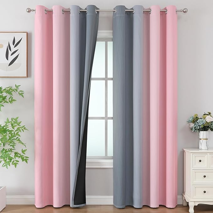 Estelar Textiler Pink and Grey Blackout Curtains 108 Inches Long, Thermal Insulated Drapes for Bedroom, Full Light Blocking Energy Saving Long Curtains for Living Room, 52Wx108L, 2 Panels
