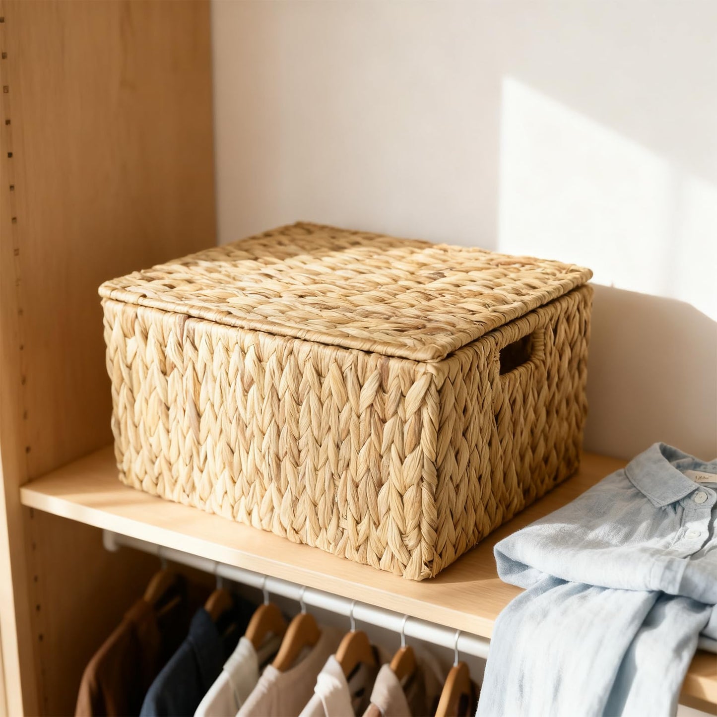 Wicker Storage Baskets With Lid,Set of 3 Rectangular Rattan Basket Decorative Boxes with Handles,Large Storage Box Hyacinth Wicker Baskets For Shelf Organizer, Nursery Room,Bathroom,Living Room