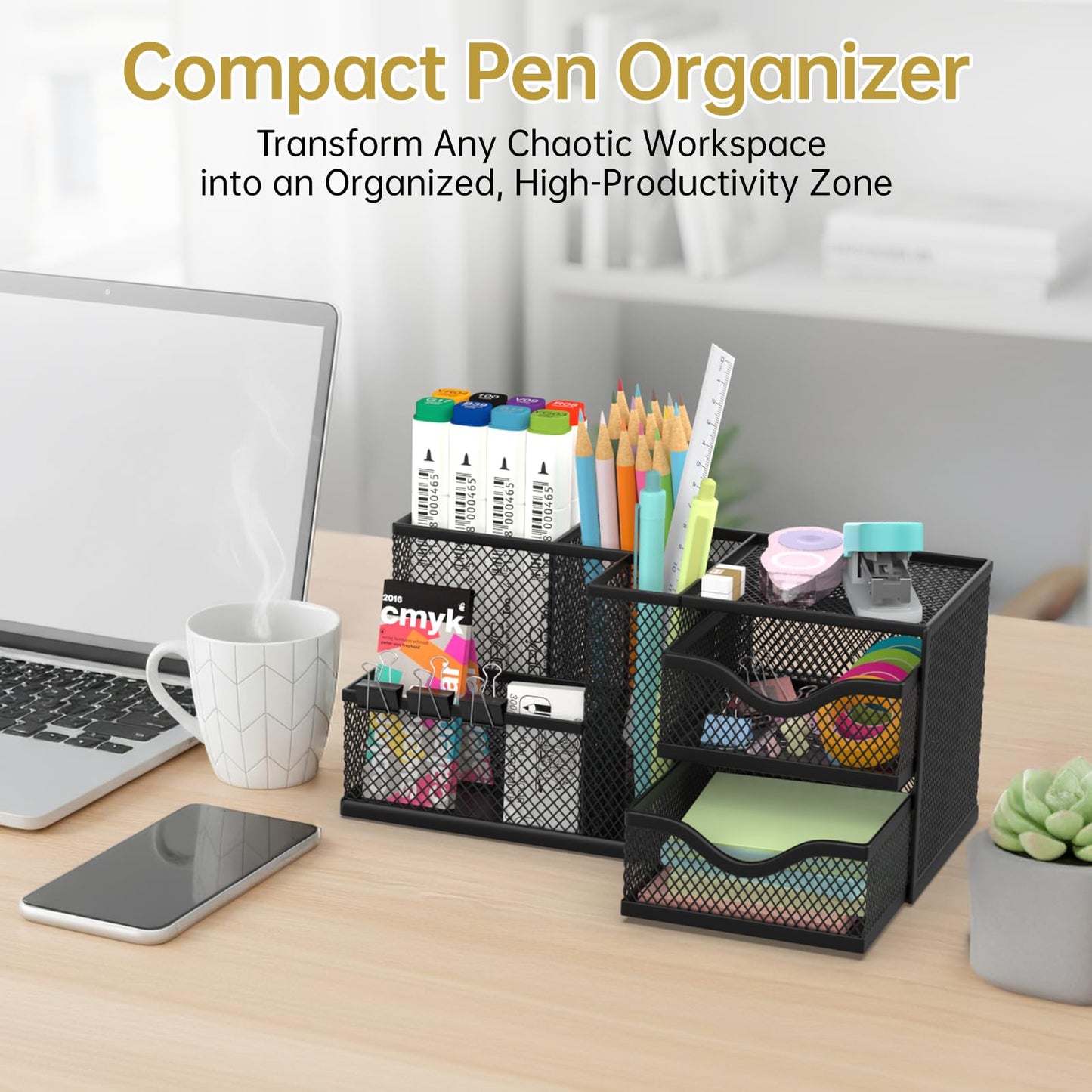 ReePlan Mesh Desk Organizer, Pen Organizer with 2 Drawers and 5 Compartments, Versatile Pen Holder for Small Space, Desk Organizers and Accessories for School Office Supplies, Black