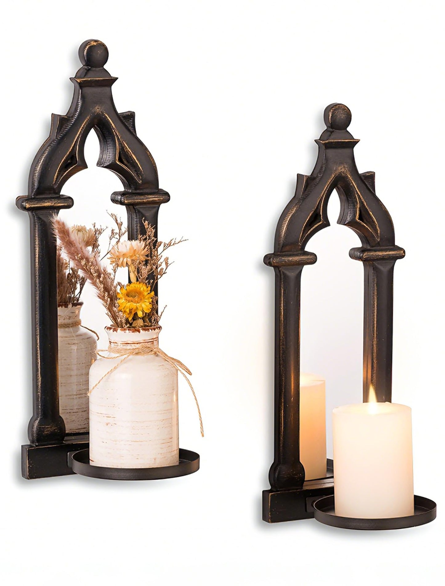 Walasis Candle Sconces Farmhouse Wall Decor - Black Gothic Dark Mirror Wall Candle Holder for Halloween Art Decorations - Wood Rustic Candles Sconce Set of 2 for Livingroom Fireplace