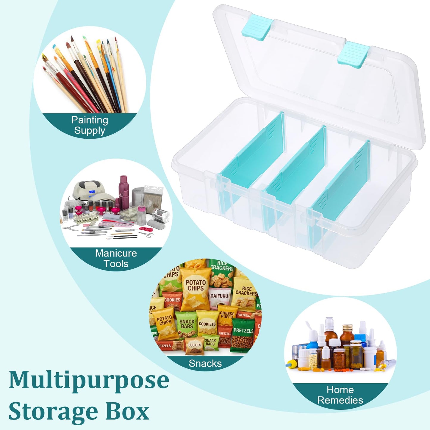 BTSKY Clear Plastic Dividing Storage Box with 4 Compartments Adjustable Storage Bin with Lid Plastic Craft Storage Container Multipurpose Sewing Box Art Supply Organizer, 13.3x8.1x3.4 Inches