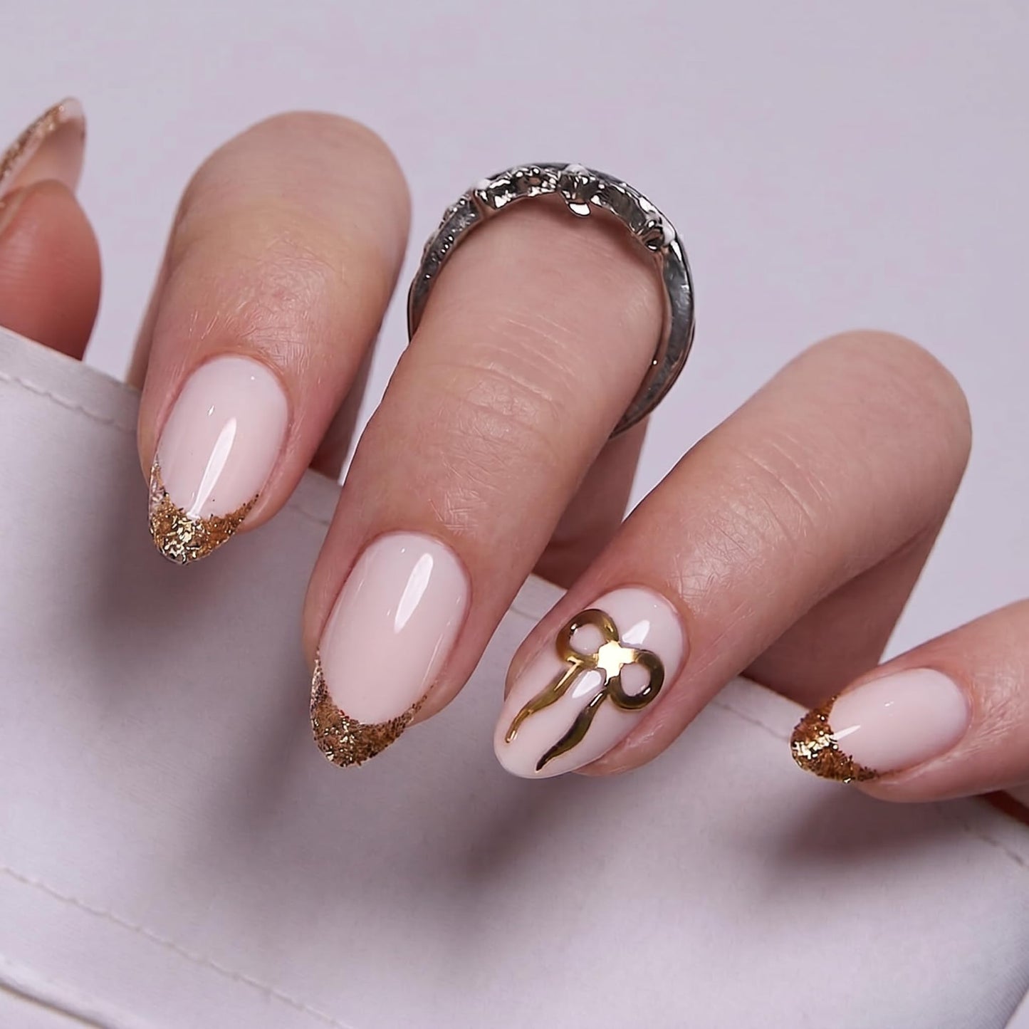 CurvLife Soft Gel Almond Press-On Nails Short,30Pcs Reusable Fake Nail Tips with Adhesive Tabs, Salon-Quality Stick-On Nails for At-Home Manicure (Golden Poise)