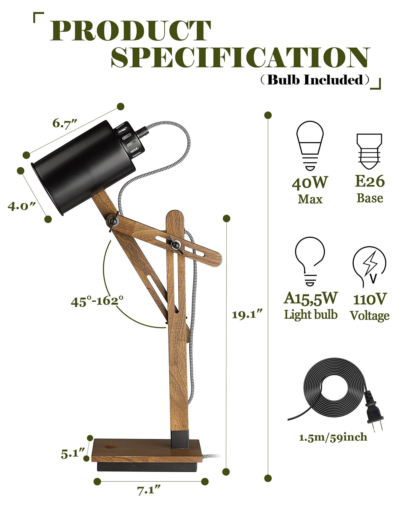 ELYONA Touch Control Desk Lamp with Wireless Charging & USB Port, Sapele Wood Reading Task Light,Adjustable, Swing Arm Table Lamp for Bedroom, Study Work, Office, Dorm, LED Bulb Included, Black