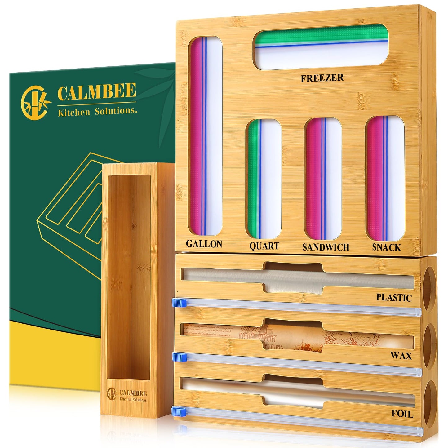 Calmbee 9 in 1 Bamboo Storage Bag Organizer for Kitchen Drawer – Plastic Wrap Dispenser with Cutter & Foil Organizer, Wooden Baggie Organizer for Sandwich, Snack, Gallon, Quart Sizes, Natural