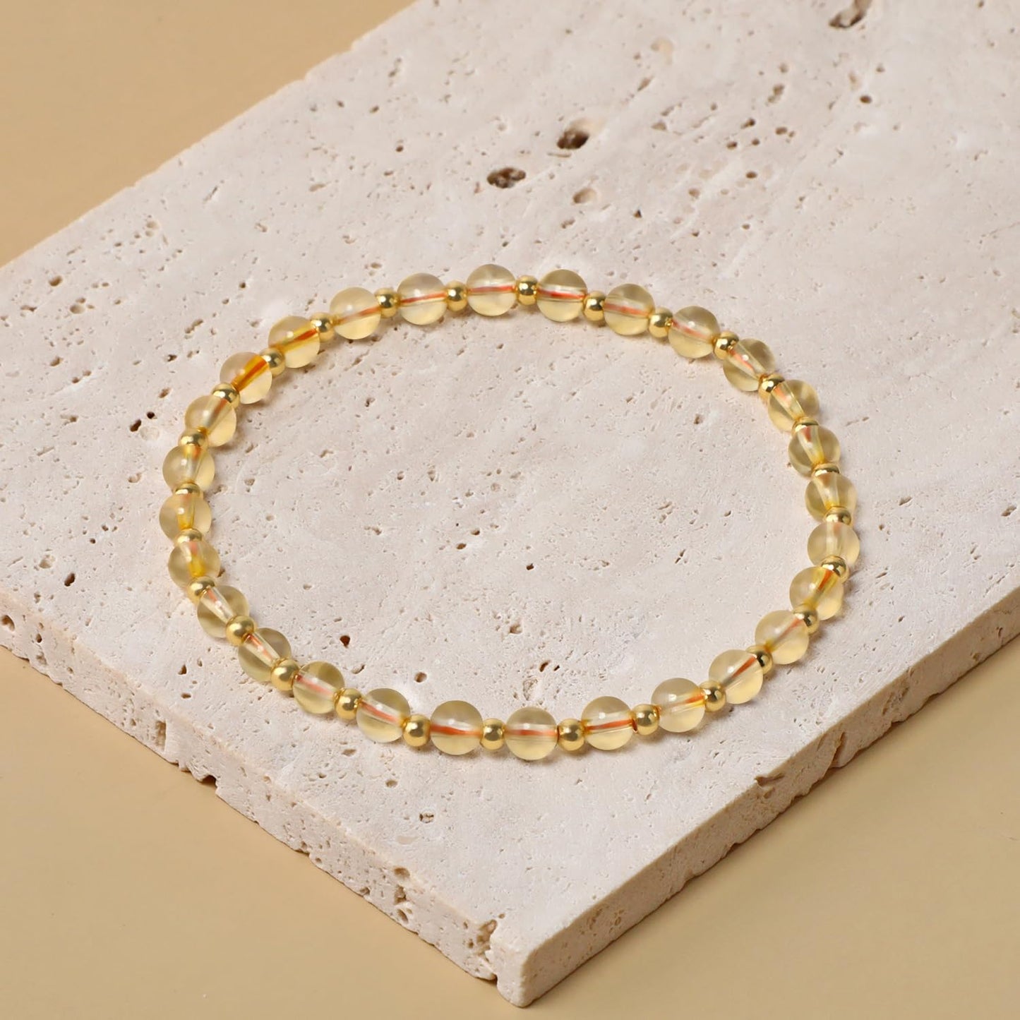 QOGIR Citrine - Stone of Wealth - 14K Gold Plated Beads Natural Gemstone Stretch Elastic Dainty Healing Beaded Bracelets Gifts 4mm