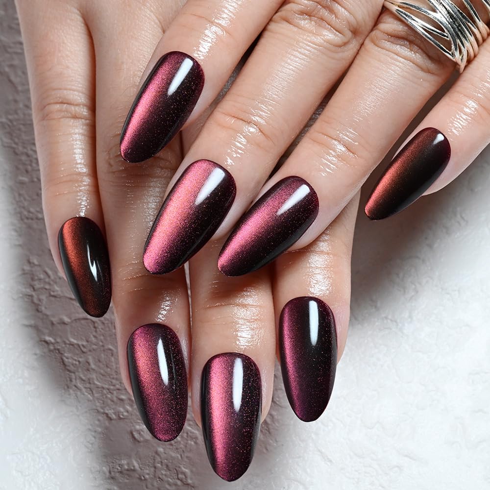 evpct Mauve Red Cat Eye Chrome Press on Nails Almond Medium with Design, Red Holographic Medium Almond Stick on Fake Nails for Women, Glossy Cat Eye Effect, Perfectly Fit Salon-quality Soft False Nail