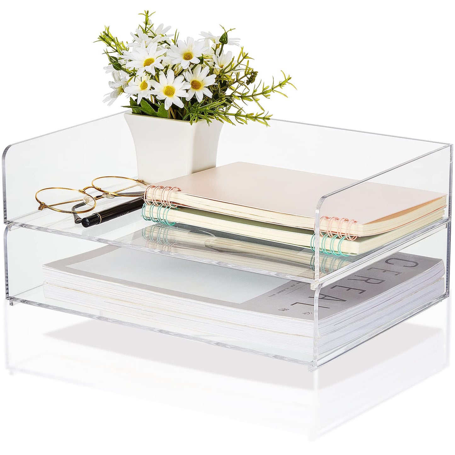 Yulejo 2 Pcs Stackable Acrylic Desk Organizers Paper Tray Storage Tier Accessories Paper File Office Organizer Tray Stackable Document Clear Desk Accessories for Office Workspace Organization