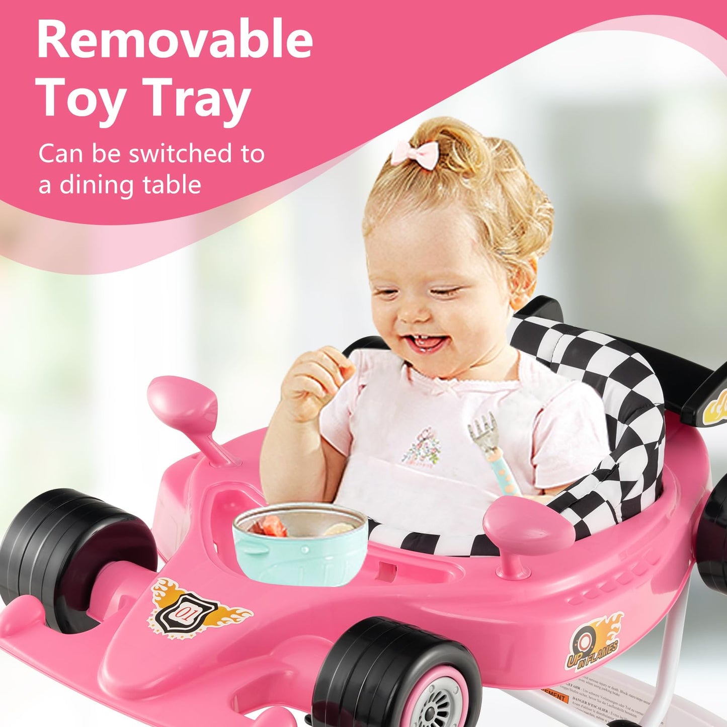 INFANS Foldable Baby Walker, 3 in 1 Toddler Activity Center Leaning-Seated Walk-Behind with Steering Wheel, Adjustable Height, Lights, Music, Washable Seat Cushion (Pink)