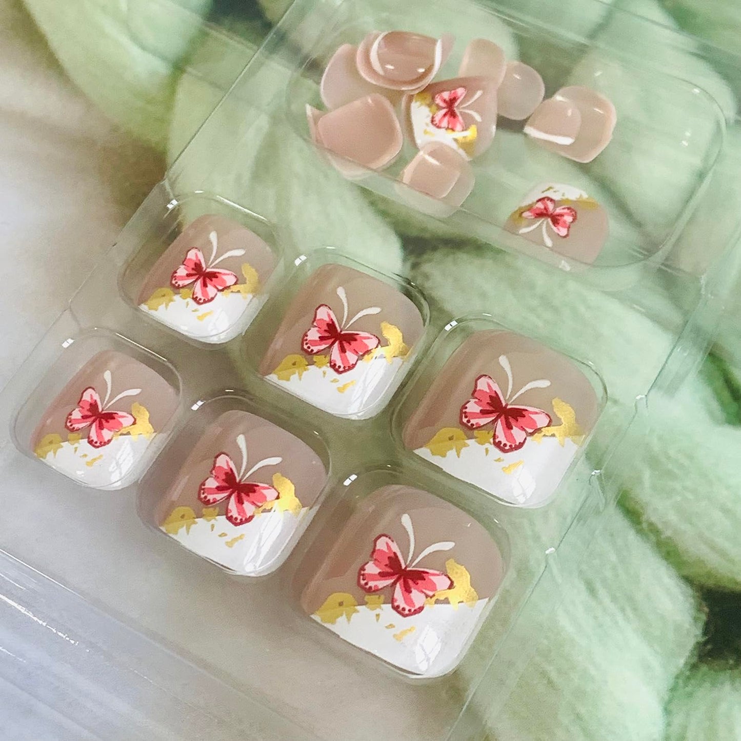 Press On Coffin Toenails with Butterfly Designs, Full Cover Reusable False Nails with Glue, Artificial Acrylic Fake Nails for Toe, Glue on Toenails with Charm, Stick on Toe Nails for Women (F097)