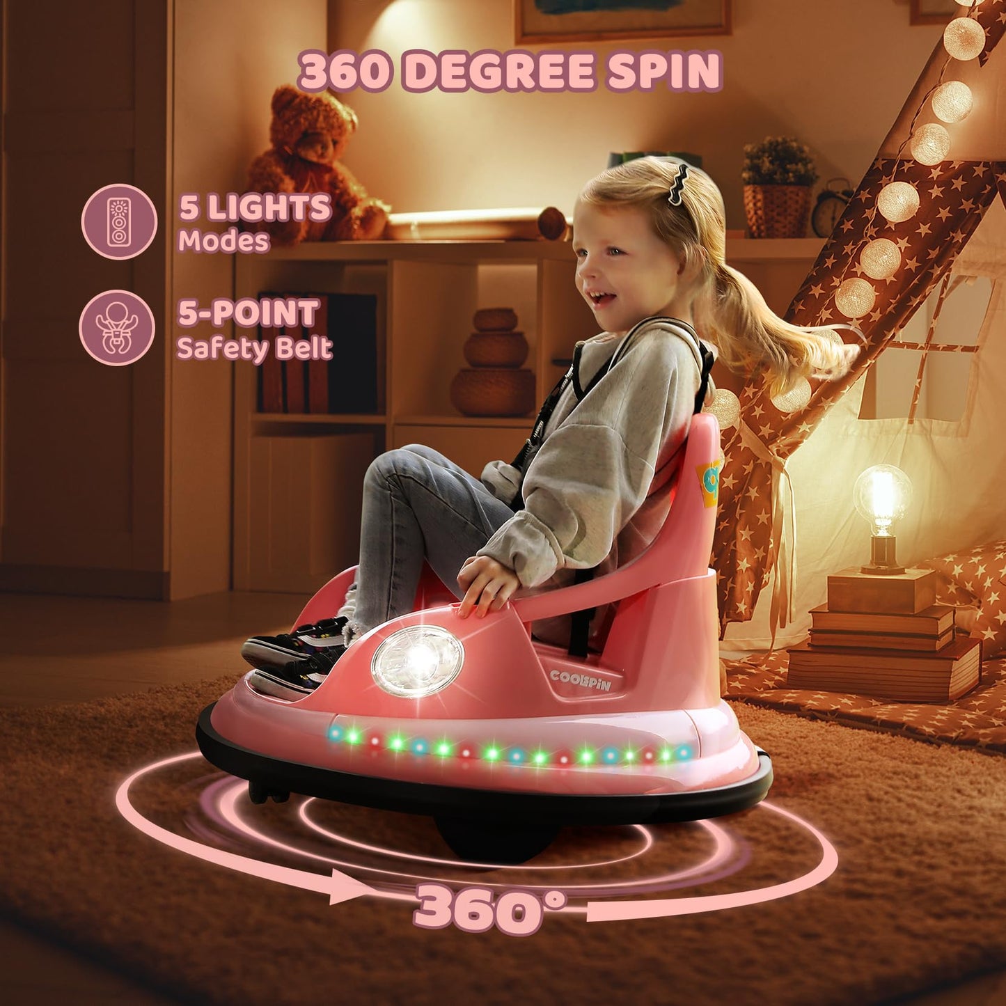 ELEMARA Bumper Car for Kids,1.9mph Max,12V Toddler Ride on Toys with Remote Control,2-Speed,2 Playing Modes,360 Degree Spin,Bumping Toy Gifts W/Bluetooth,5 LED Lights Modes,DIY Stickers,Pink