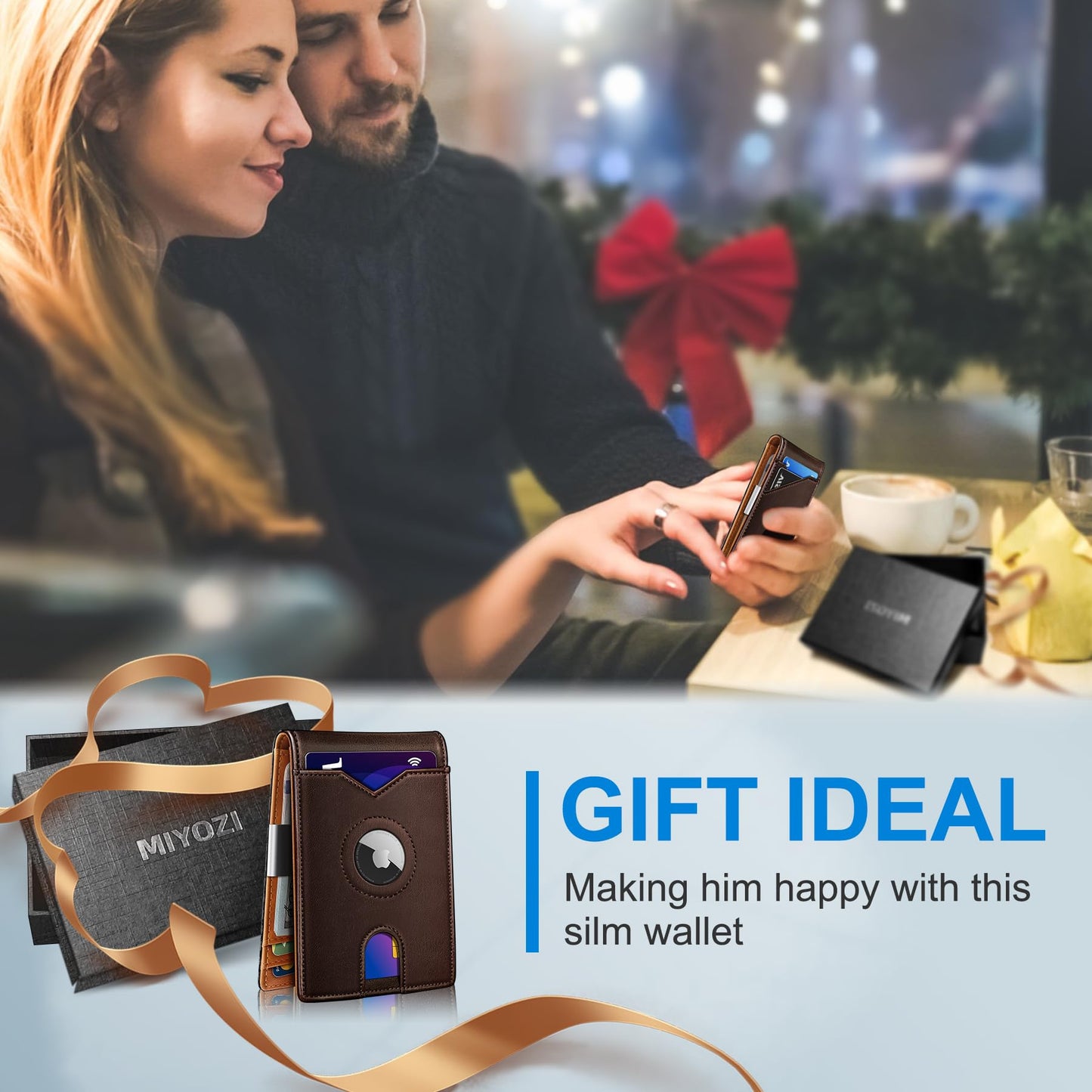 miyozi Airtag Wallet for Men,with Money Clip 11 Cards Slim Front Pocket Leather RFID Blocking Wallet with Gift Box