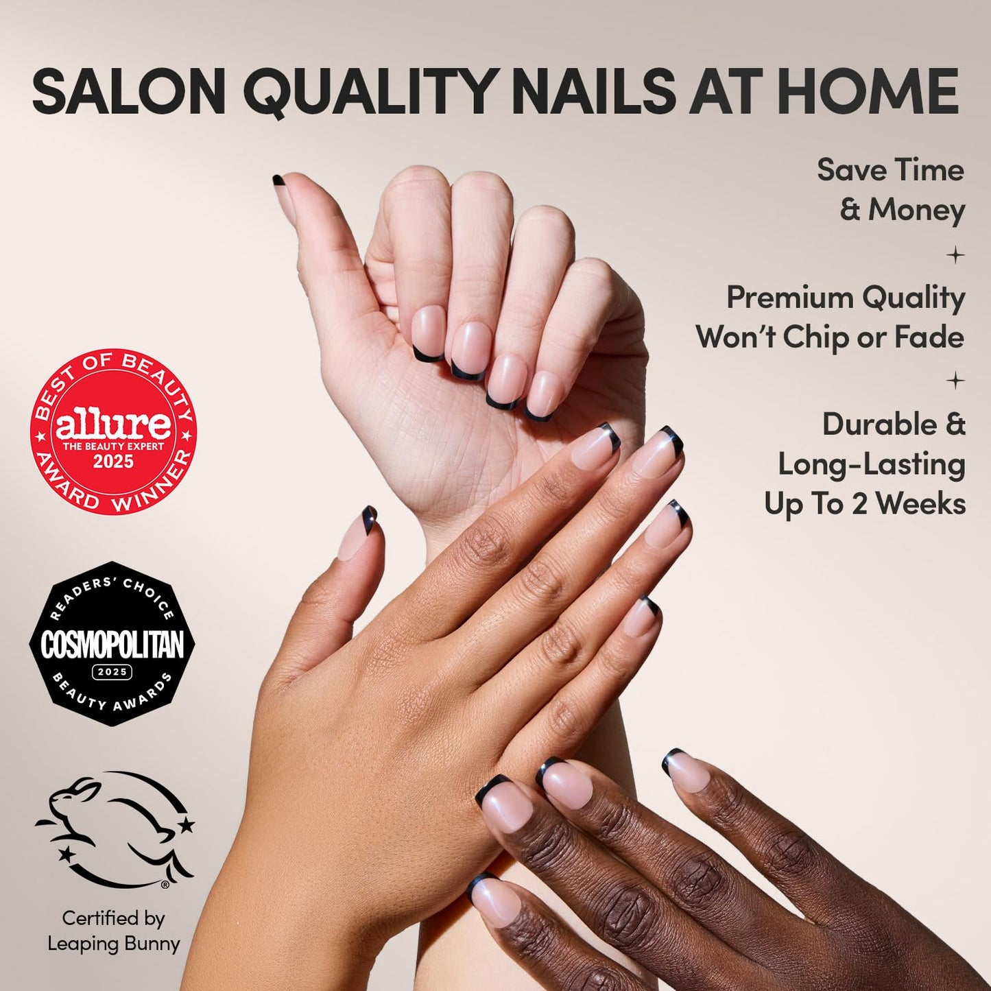 Glamnetic Press On Nails - Short Squoval Fake Nails, Black French Tip Nails, Squid Ink | 15 Sizes - 30 Nail Kit with Glue