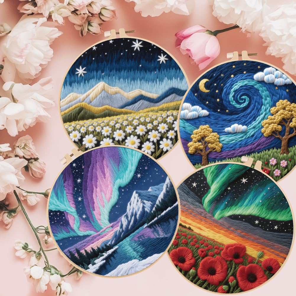 ACRNIGHEET 6Pcs Embroidery Kit for Beginners Adults, Complete Cross Stitch Kits, Landscape Embroidery Kit for Home Decor and DIY Craft Projects, Great Gift for Embroidery Lovers