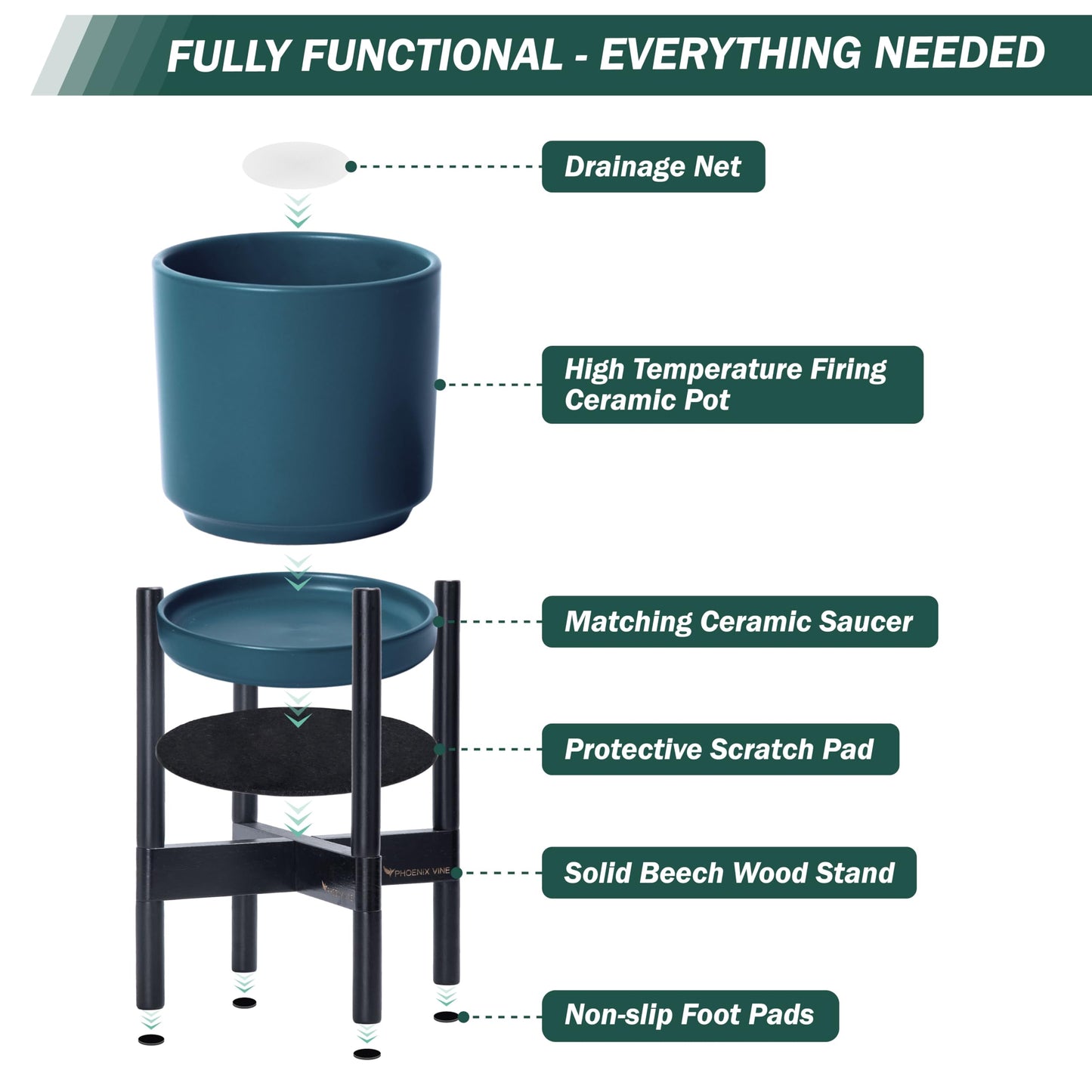 D'vine Dev Ceramic Planter with Ebony Stand - 12 Inch Modern Round Flower Pot with Wood Planter Holder, Teal, 55-B-H-4