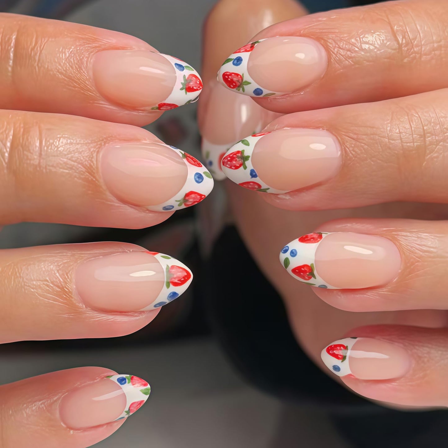 French Tip Press on Nails Medium Oval Fake Nails Spring Nails Press ons with Cute Strawberry | Blueberry Design,Reusable Artificial Nail Full Cover Stick on Nails for Women Manicure 24Pcs