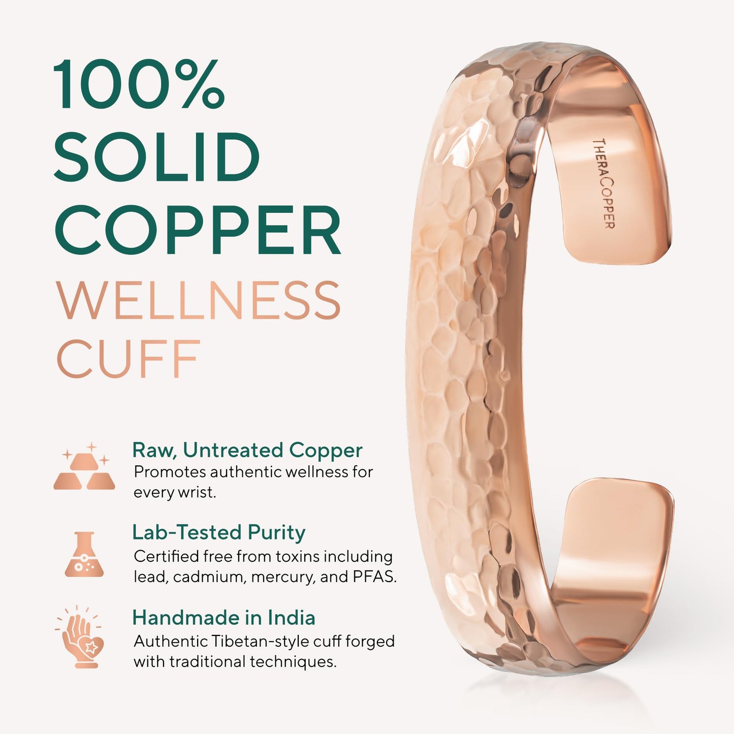TheraCopper Copper Bracelet for Men & Women — 100% Pure Copper Bracelets — Raw, Solid & Uncoated Authentic Handmade Tibetan Bracelet Cuff Bangles (Hammered)