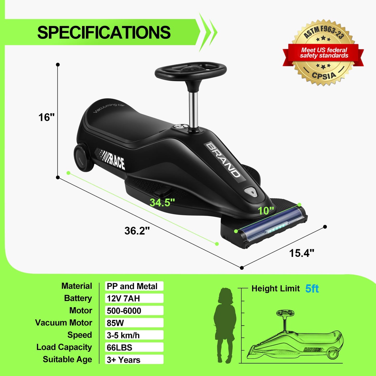 JOYLDIAS Kids Ride On Car with Vacuuming Function, 12V7AH Go Kart W/Detachable Cleaning Head Dust Box, 2 Speed 3-5km/h, Bluetooth Music, Electric Ride On Toy Car for Kids Toddlers Ages 3+,Black