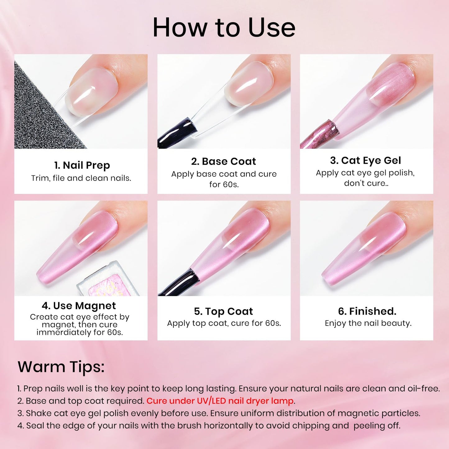 MIZHSE Cat Eye Gel Nail Polish, 8 Colors Pink Magnetic Gel Polish Set with Magnet Stick, Ceramics Effect Translucent Cats Eye Nails Soak Off Nail Art Manicure Home DIY Gift for Women