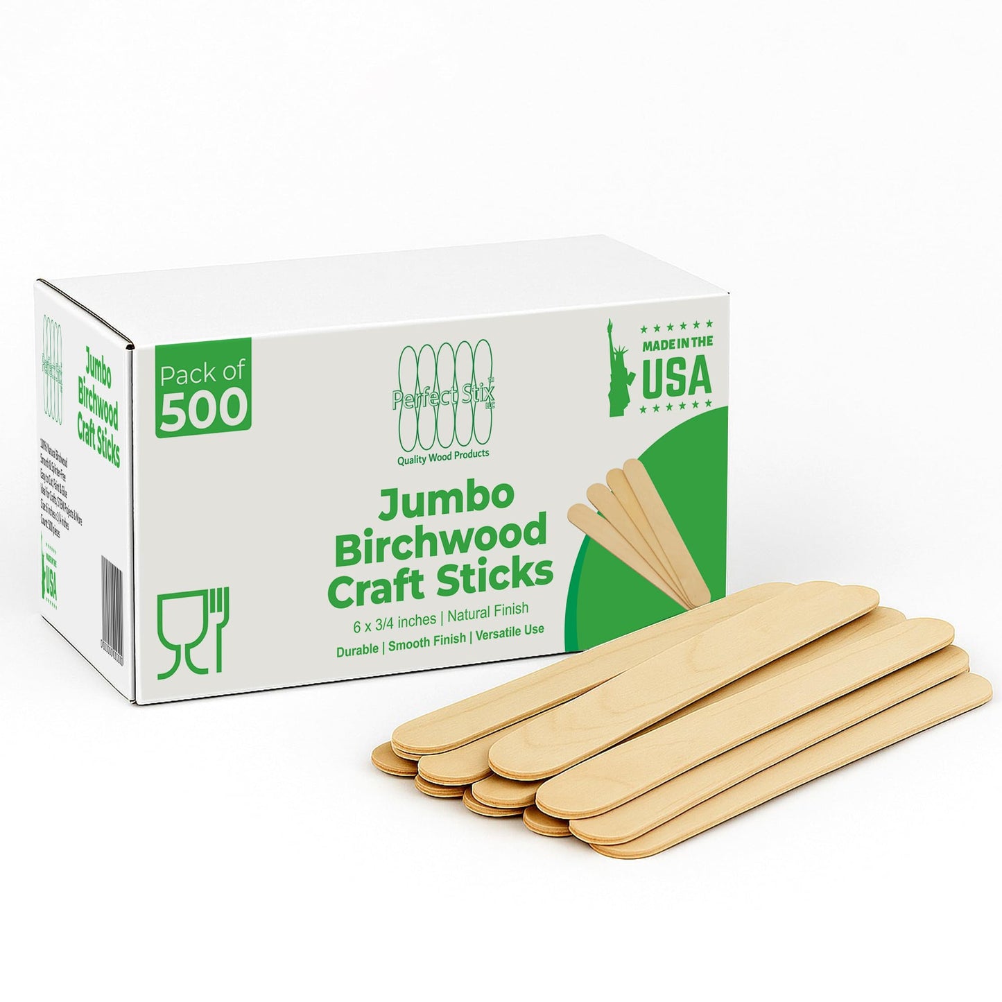 Perfect Stix Jumbo Birchwood Craft Sticks, 6 x 3/4 inches, Natural, 500 Count, Made in USA