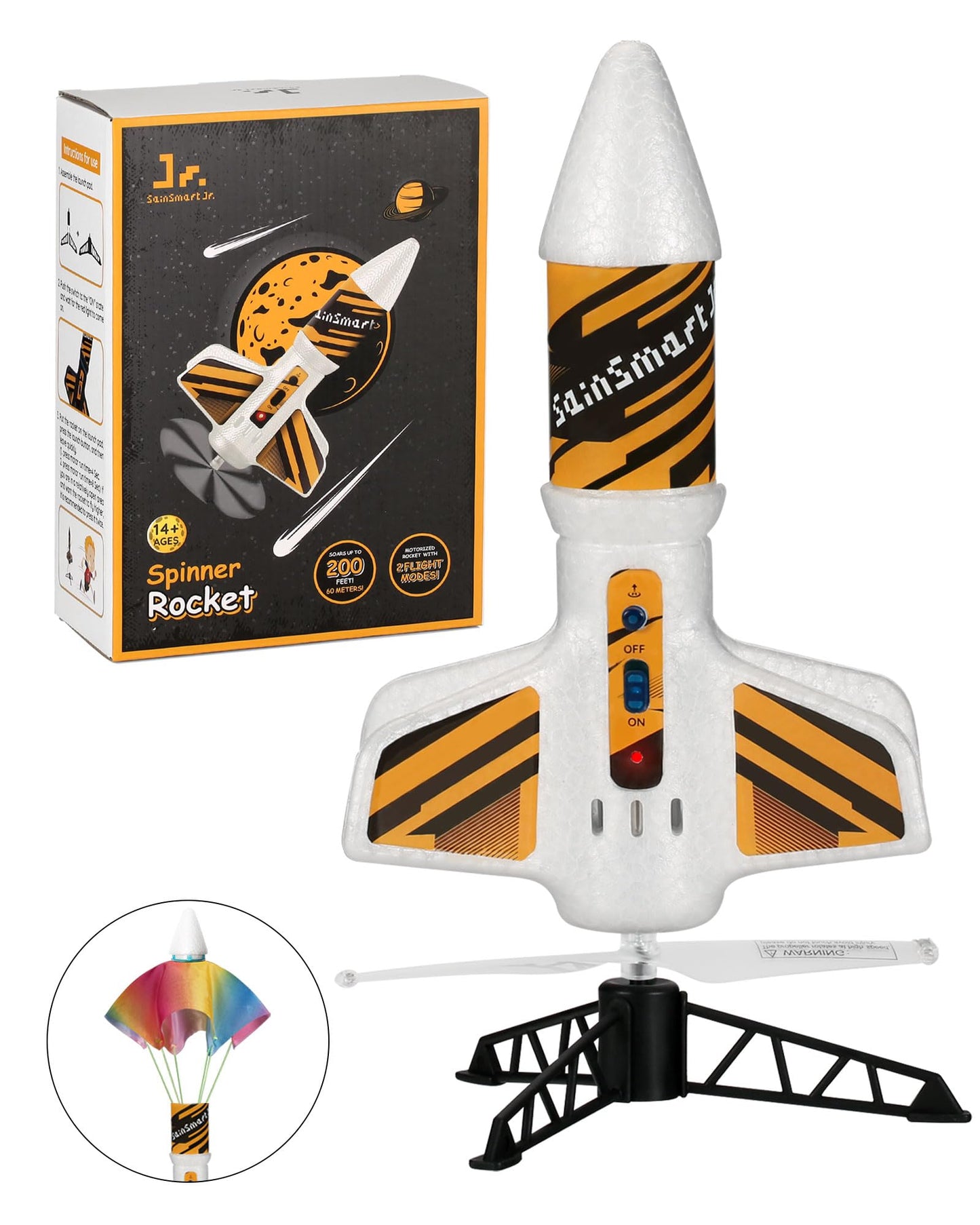 SainSmart Jr. Rocket Launcher for Kids - Motorized Air Rocket Launch up to 200 ft, Safely Land with Parachute, Self-Launching Outdoor Toy, White