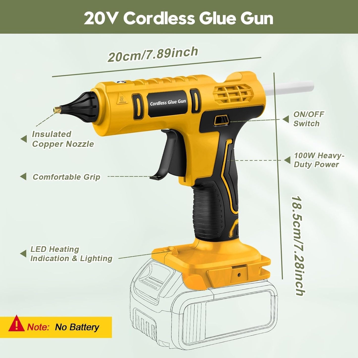 Cordless Hot Glue Gun for DeWalt 20V Battery Powered, 100W Full Size Glue Gun Cordless & Rechargeable, Wireless Battery Powered Hot Glue Gun and Sticks Set with 12pcs 0.43'' Glue Sticks (Yellow)
