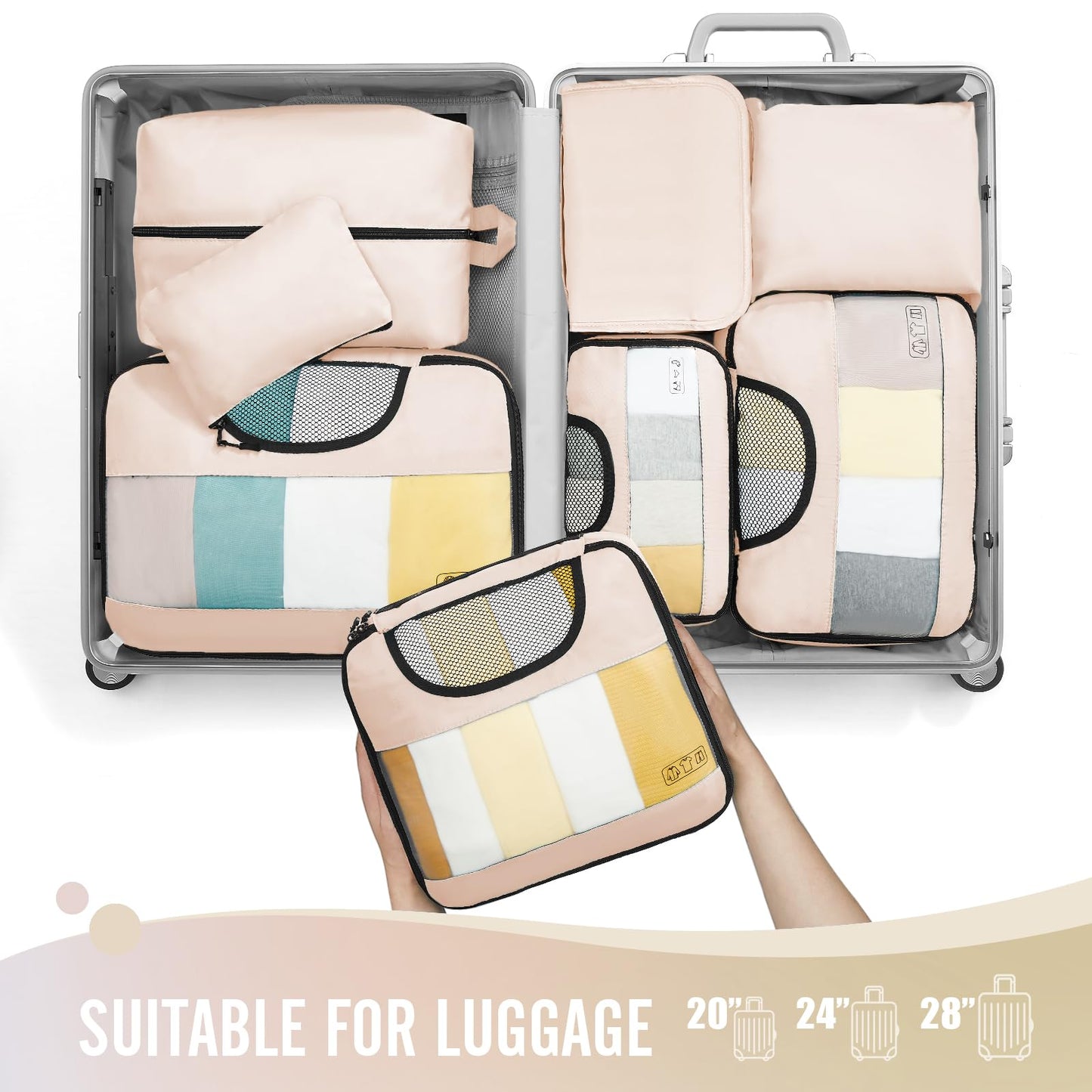 8 Set Packing Cubes for Luggage,Suitcase Organizer in 4 Sizes with Hanging Toiletry Bag and Large Laundry Bag, Carry-On Luggage with Accessories Bag, Cream