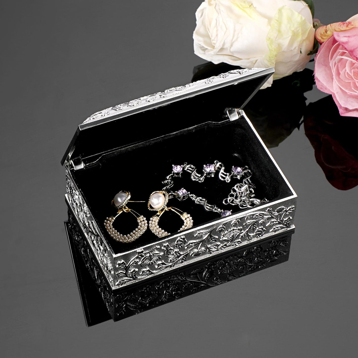 Hipiwe Rectangular Silver Jewelry Box Small Trinket Storage Box Deluxe Treasure Chest Case Earring Ring Necklace Organizer Decorative Keepsake Box Christmas Gift for Women