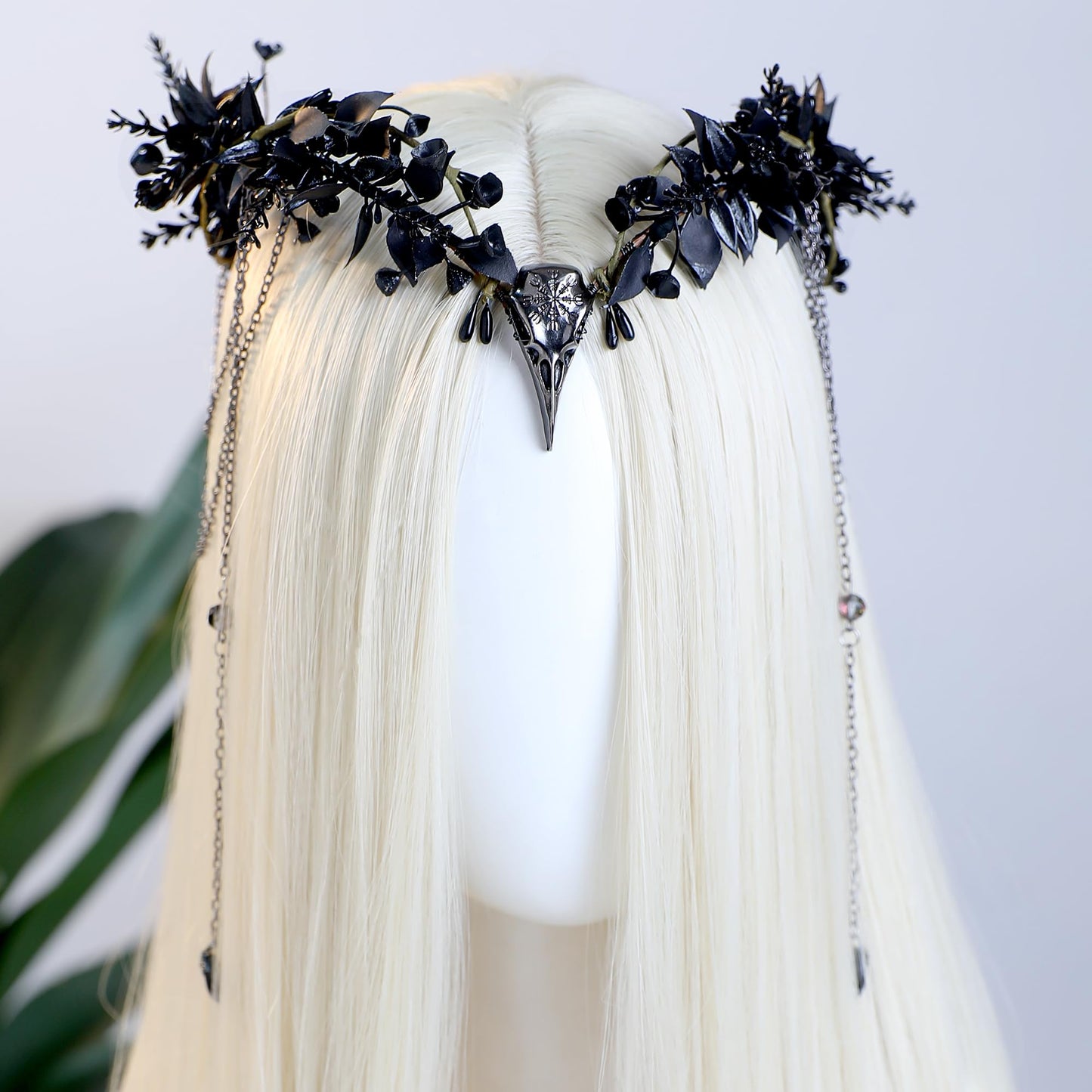 MOSTORY Black Raven Elf Crown - Gothic Flower Headpiece with Tassel for Witch Accessories Women, Dark Floral Circlet for Renaissance Renfaire Halloween Witchcore Cosplay