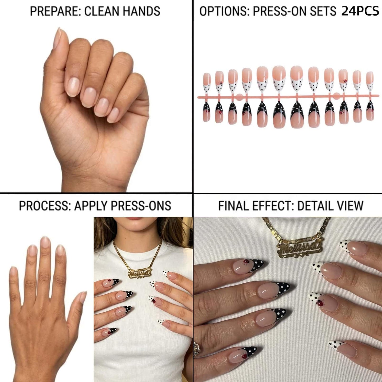 Polka Dot Press On Nails Almond Medium Fake Nails Black and White Polka Ladybird Dot Design Glossy Glue on Nails Spring Summer Nails Press on Reusable Full Cover Cute Acrylic Nail for Women 24 Pcs