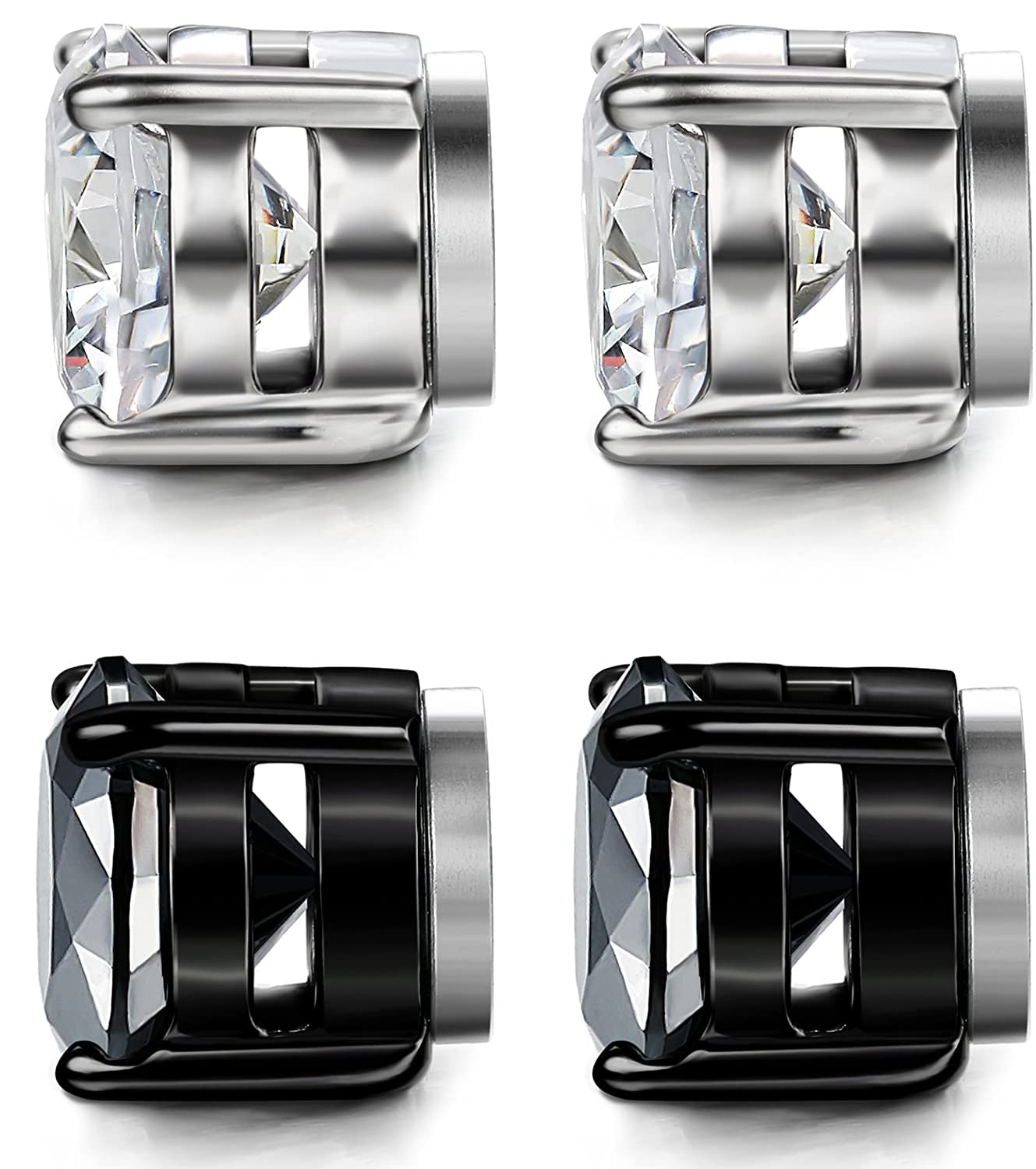 YZstyle 2 Pairs Stainless Steel Magnetic Stud Earrings for Men Women Non-piercing CZ Clip on CZ Earrings Hypoallergenic(Black + Silver)6MM-8MM (8MMBlack + Silver)