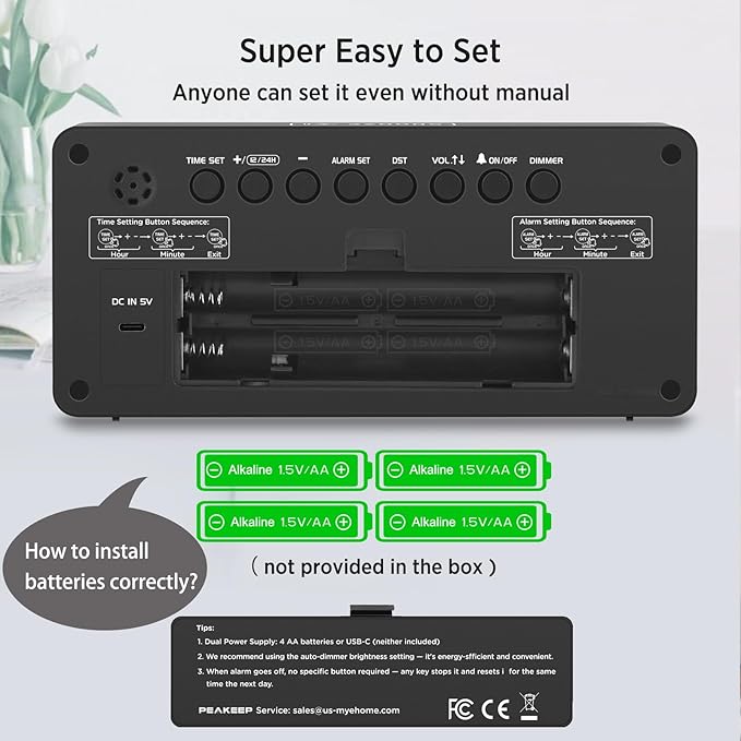 Peakeep Battery Operated Digital Alarm Clock for Bedrooms Big Numbers