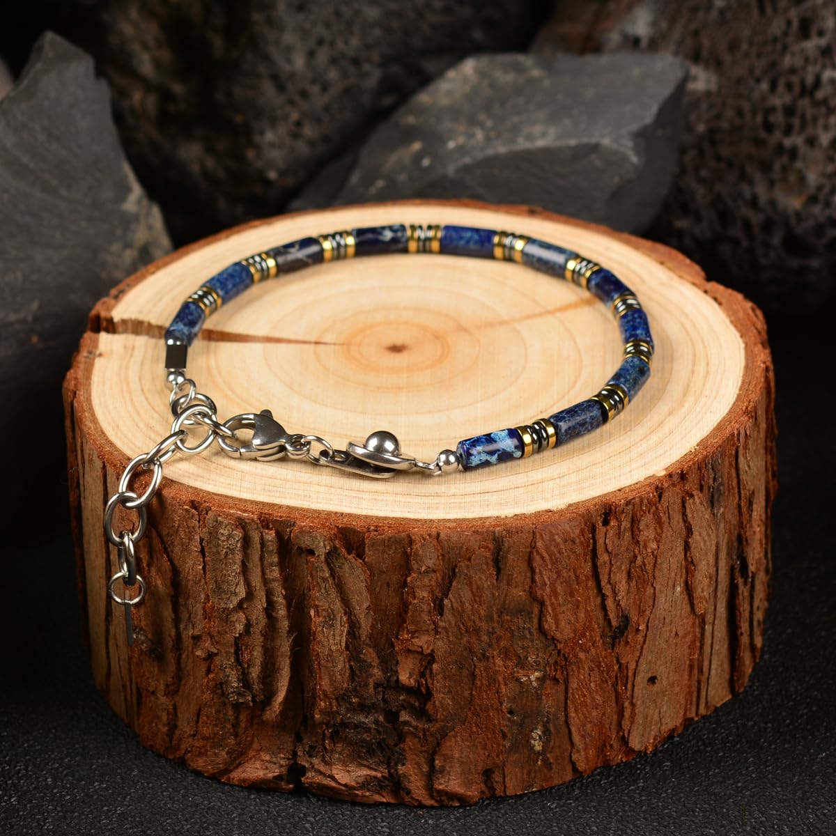 Casvia Blue Sovereign Men's Chakra Bracelet, Handcrafted Blue Emperor & Hematite Beads, Adjustable Stainless Steel Dual Clasp, Thickened Wire Gift for Dad Boyfriend Husband