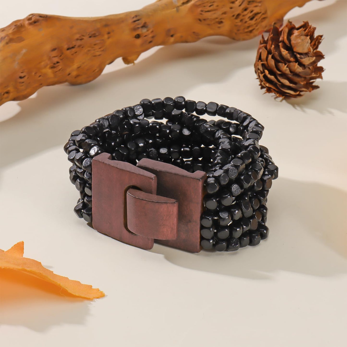 Coiris Boho Bangle Bracelets for Women Wooden Beaded Bracelets Chunky Bohemian Beach Bracelets Jewelry for Women(BR1235-Black)