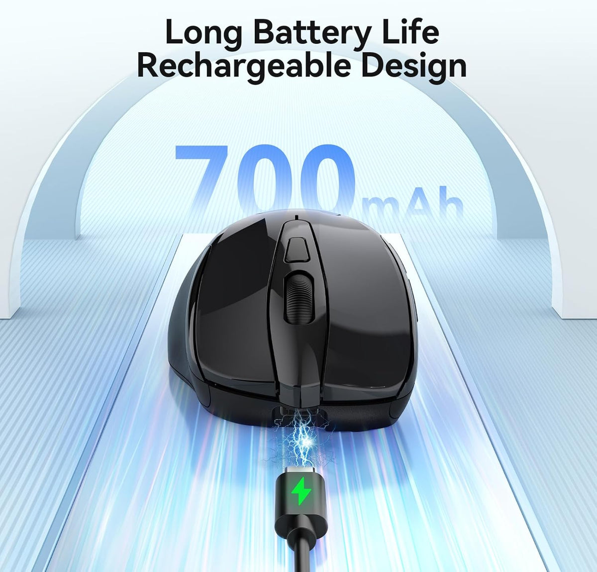 TECKNET Rechargeable Jiggler Wireless Mouse (BT5.0/3.0 & 2.4G) 4800 DPI Silent USB A & Bluetooth Mouse 6 Buttons, Wide Compatibility - Black