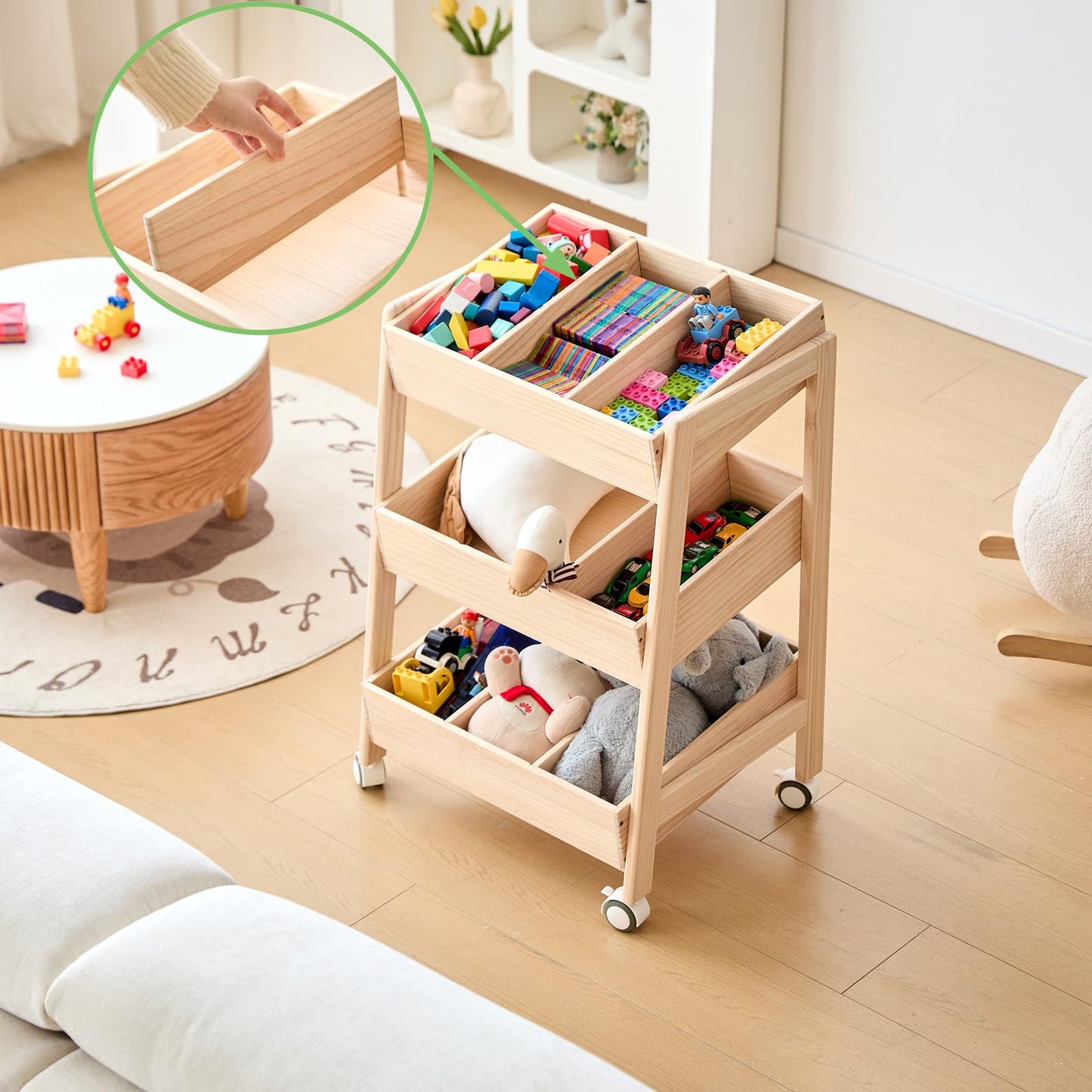 HaoGZMZFCL 3 Tier Wooden Toy Storage Organizer with Wheels for Toy Book Wood Storage Rack Open Display Shelf Kids Gift Natural