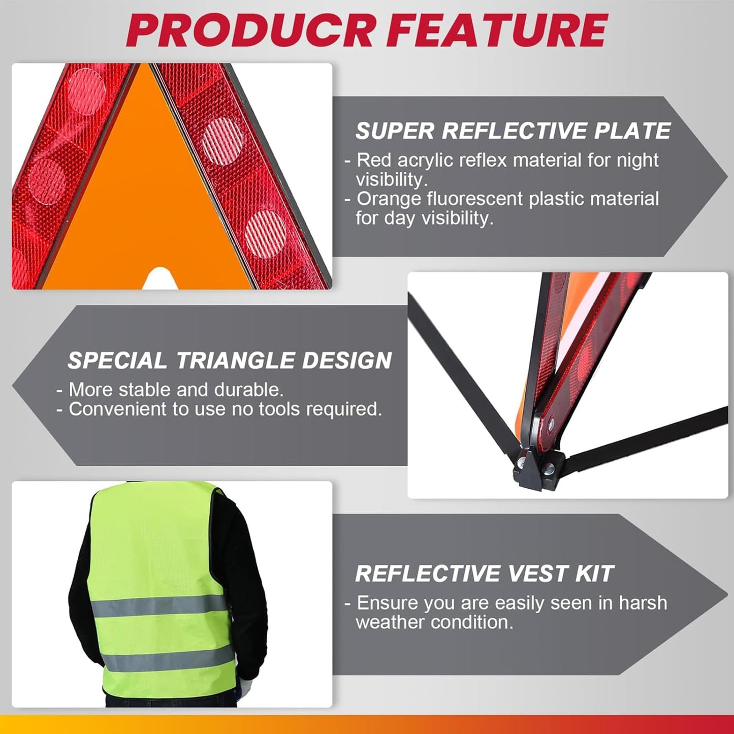 DASBET 3 Pack Emergency Warning Triangles with 2 Pack Reflective Vest Kit | Roadside Safety Triangle, Foldable Warning Reflective Triangle with Case for Vehicles Breakdown & Emergencies