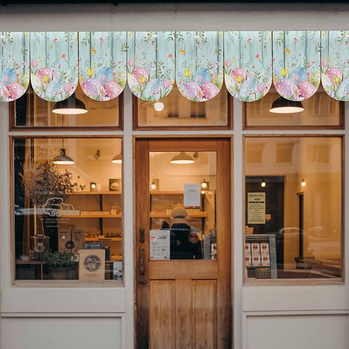 Easter Eggs Banner 4Pcs Indoor Outdoor Hanging Banner Flag Spring Daisy Eucalyptus Leaves Teal Wooden Sign for Fireplace Mantel Decorative Bunting Garland Valance for Shop Door Mantle Decor 7.9"x11.8"