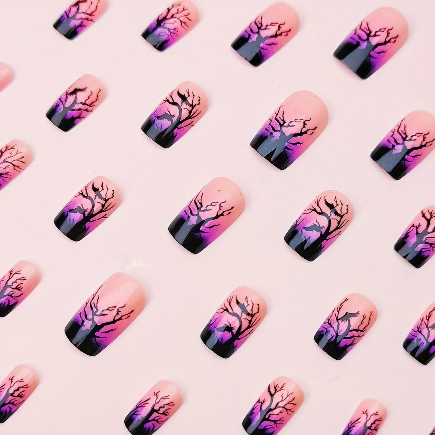 Halloween Press on Nails Purple Glitter Gradient Fake Nails with Black Withered Tree Designs Full Cover Glossy Short Square Stick on Nail Halloween Artificial Acrylic False Nail for Women 24 Pcs