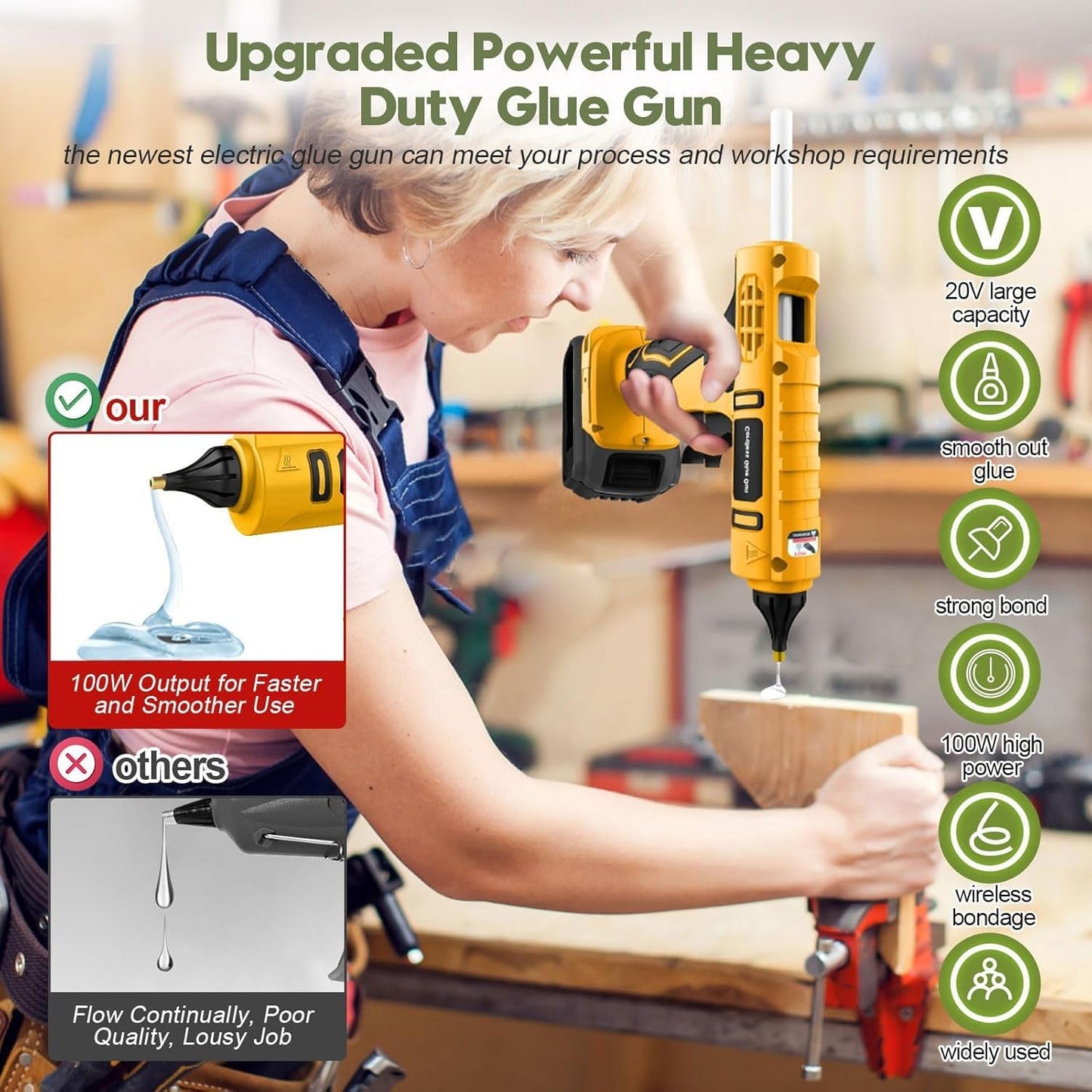 Cordless Hot Glue Gun for DeWalt 20V Battery Powered, 100W Full Size Glue Gun Cordless & Rechargeable, Wireless Battery Powered Hot Glue Gun and Sticks Set with 12pcs 0.43'' Glue Sticks (Yellow)