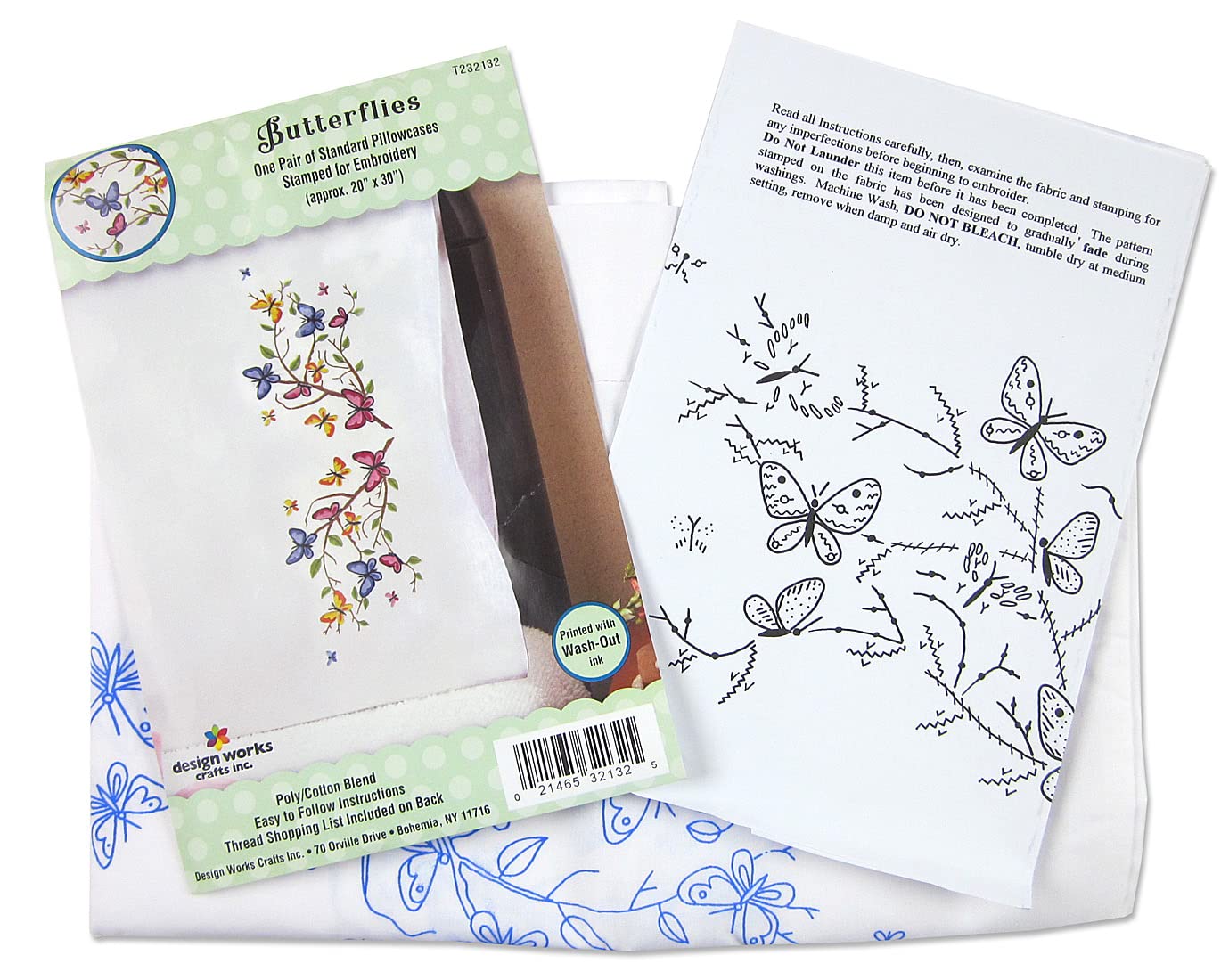 Butterflies Pillowcases - 2 Standard Size (20" x 30") Stamped Embroidery Kit